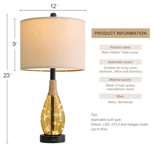 OYEARS 23" Table Lamps for Living Room Set of 2 Bedside Lamps for Night Stands Bedroom Lamps Farmhouse Rattan Boho Lamp Glass Nightlight End Table Lamp,Two Light Points - color: Tea Brown