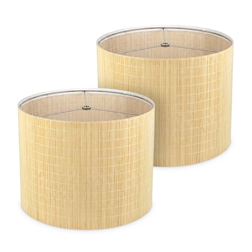 Bamboo Lamp Shades Set of 2, Handwoven Medium Drum Lampshades for Table Lamps 13x13x10 Inch, Organic Japandi Wabi Sabi Boho Decor, Standard Spider Fitter (Harps Not Included), Natural - color: Drum - 2 Packs