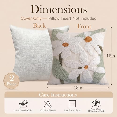 Summer Daisy Throw Pillow Covers 18x18 Inch Set of 2, Chenille Embroidered Pillowcase with 3D Tufted White Flowers Sage Green Leaves, Boho Decorative Cushion Covers for Couch Sofa Bed - color: White, size: 18" x 18" (Pack of 2)
