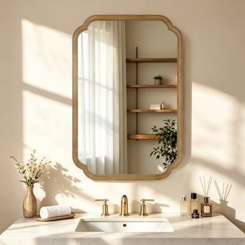 HOMECOOKIN Wood Bathroom Mirror for Wall Decor Arched Rounded Corner Rustic Wood Frame Wall Mirror Home Decorative for Vanity, Living Room, Bedroom, Entryway (24 x 36 inch, Natural) - color: Natural, size: 36"L x 24"W