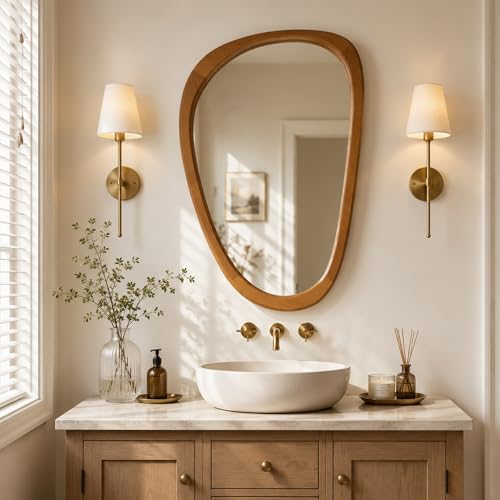 Solid Wood 36"x24" Modern Organic Asymmetrical Mirror, Warm Walnut Irregular Wooden Wall-Mounted Mirror, Sculptural Spa-Like Bathroom Vanity Mirror, Honey Walnut - color: Walnut, size: 36"L x 24"W