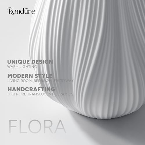 RONDURE 12.5" Modern Ceramic Table Lamp, Fully Dimmable Bedside Lamp for Bedroom Living Room Nightstand, White Translucent Ceramic Shade, Warm Ambient Decorative Corded Lighting, Bulb Included - style: Flora