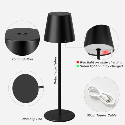 Kakanuo Cordless Table Lamp Rechargeable Black - KK 2 Pack 5000mAH Battery Operated Lamp for Counter, 3 Color Stepless Dimming Wireless Lamp for Dining Kitchen, Outdoor Patio, Touch Control - color: Black 1, size: 2 Pack 14in - Down Light