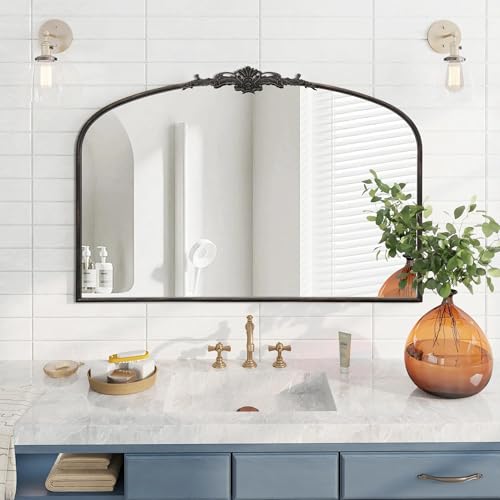 Besdomus Antique Arched Large Mirror: 48"x33" French Oversize Black Arch Antique Wall Mounted Mirror - Baroque Traditional Ornate for Living Room/Fireplace/Bathroom- Home Decor for Interior Designers - color: Black, size: 33"L x 48"W