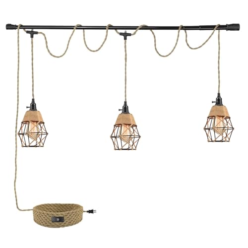 3-Light Hanging Light with Plug in Cord,Plug in Pendant Light 22ft Hemp Rope Pendant Lighting Vintage 3-Light Hanging Lamp Fixtures for Kitchen Island Living Room Bedroom - color: 3 Light Copper
