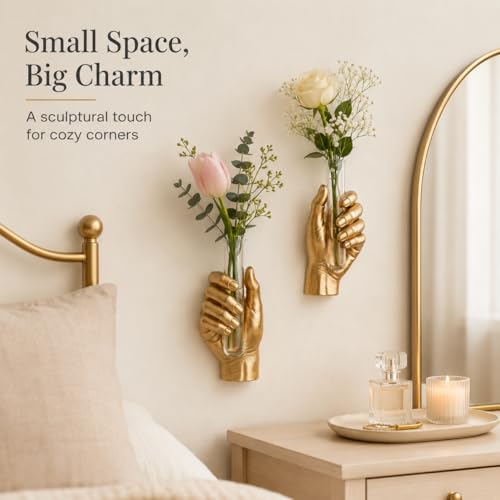 2Pcs Wall Hand Vase,Vintage Art Decor,Life-Size Hand Sculpture with Glass Test Tube Vase,Unique Wall Art Statue for Indoor or Outdoor,Maximalist Boho Whimsical Decor,for Women (2, Gold) - color: Gold