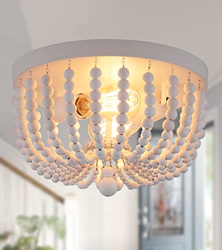 Q&S White Flush Mount Ceiling Light Fixtures,2-Lights Wood Beaded Boho Chandeliers for Nursery Baby Kid's Room Bedroom Dining Room Living Room Kitchen Hallway W11.81 - color: Ceiling-2WH