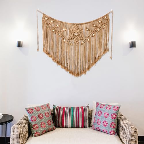 Youngeast Home Decor Leaf Shape Macrame Wall Hanging Woven Tapestry Bedroom Curtain Fringe Garland Banner Living Room Wall Decor Brown 39X31 inches - color: Brown