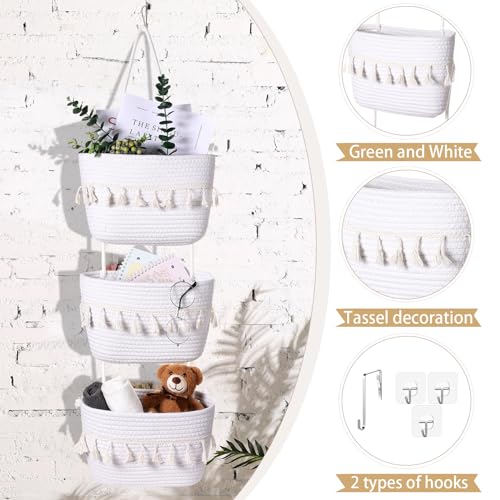 SiliFine Over the Door Hanging Basket Boho Woven Wall Hanging Baskets 3-Tier Cotton Wall Mounted Storage Organizer Bag Macrame Decorative for Kitchen Laundry Room Stairs(White) - color: White