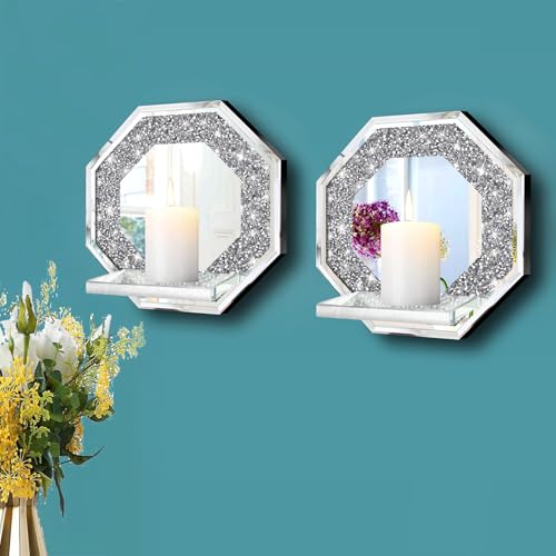 ZOLAPI Crystal Crush Diamond Wall Candle Holder Set of 2, Octagon Silver Mirrored Candle Sconces, Home Wall Decoration for Living Room, Dining Room & Bedroom. - color: Silver Mirror ⑧