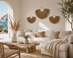 PEMAR Set of 3 Woven Seagrass Fan Wall Decor - Large Boho Raffia Jute Wall Hanging Hanging Decor for Living Room Bedroom, Handmade Rustic African Fan Wooden Wall Art, Unique Housewarming Gift (XL: 35.4" D, L: 27.6" D, M: 19.7" D)