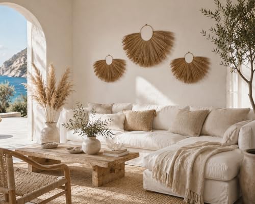 PEMAR Set of 3 Woven Seagrass Fan Wall Decor - Large Boho Raffia Jute Wall Hanging Hanging Decor for Living Room Bedroom, Handmade Rustic African Fan Wooden Wall Art, Unique Housewarming Gift (XL: 35.4" D, L: 27.6" D, M: 19.7" D)
