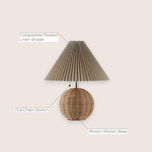 JONATHAN Y 17.25" Natural/Chrome/Dark Beige Sphere Table Lamp, Mid-Century Bedside Nightstand with Beige Pleated Linen Shade, Scandinavian Coastal Style, LED Bulb Included (JYL1145C) - color: Natural