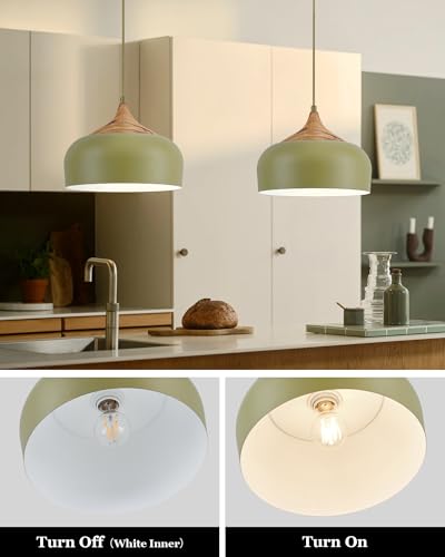 ELYONA Vintage Pendant Light Fixtures with Faux Pine Wood Grain, 12 Inch Adjustable Hanging Light Moss Green Metal Shade, Mid Century Modern Japandi Pendant Lamp for Kitchen Island Dining Room Bedroom - color: Moss Green