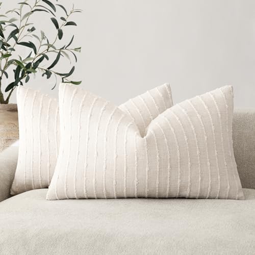 Foindtower Pack of 2 Decorative Jacquard Boucle Lumbar Throw Pillow Covers Accent Textured Striped Pillowcases Cozy Boho Cushion for Couch Sofa Bedroom Living Room Home Decor 12x20 Inch Cream White - color: Cream White, size: 20" x 12" (Pack of 2)