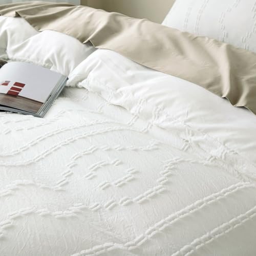 Duvet Cover Twin Size, 2PCS White Boho Duvet Cover Set, Geometric Pattern Tufted Bohemian Comforter Cover Jacquard Knit Textured Bedding Set with Zipper Closure - color: White, size: Twin