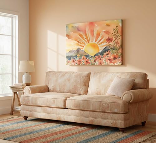 Boho Sun Canvas Wall art Mid-Century Modern Abstract Bohemian Sunset in The Mountains Watercolor Wildflowers Sunrise Landscape Picture Wall Decor Poster Print Artwork for Living Room Bedroom - color: Sunrise-Canvas, size: 16"L x 12"W