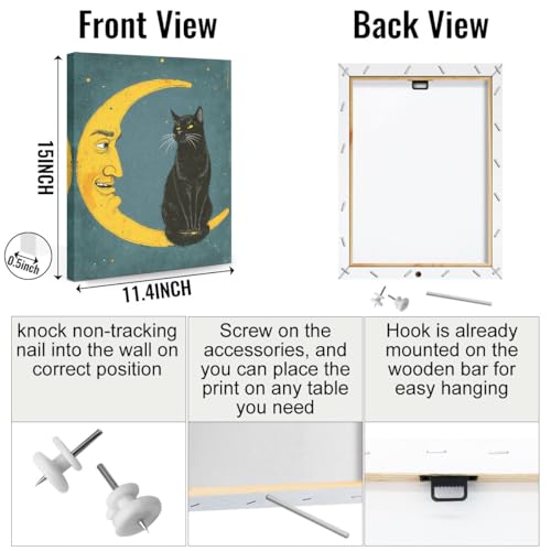 Vintage Cat Sitting on Moon Canvas Wall Art, Cat Aesthetic Framed Art Paintings Wall Decor Cats Lover Prints Picture for Living Room Dining Room Bedroom Farmhouse Decor 11.5x15 Inch - color: Multi 1392