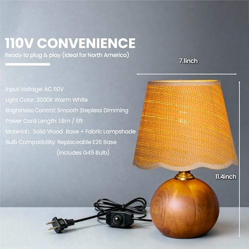 11.4" Modern Wooden Bedside Table Lamp, Small Nightstand Desk Lamp with Fabric Shade, Warm Ambient Light, Dimmable E26 Socket with Bulb Included for Bedroom Living Room (Fabric) - color: Scalloped Fabric+Solid Wood Base