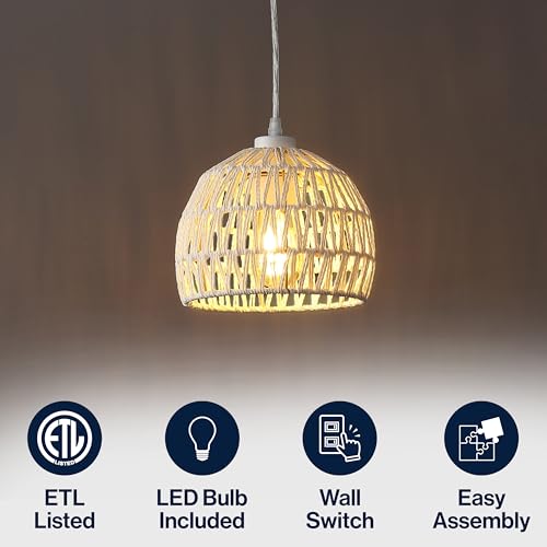 JONATHAN Y 8.25" Cream Modern Bohemian Woven Rope LED Pendant Light Fixture, Adjustable Dome Ceiling Lamp for Kitchen Island, Rope Shade, Coastal Farmhouse Decor (JYL6512C) - color: Cream, size: 8.25"