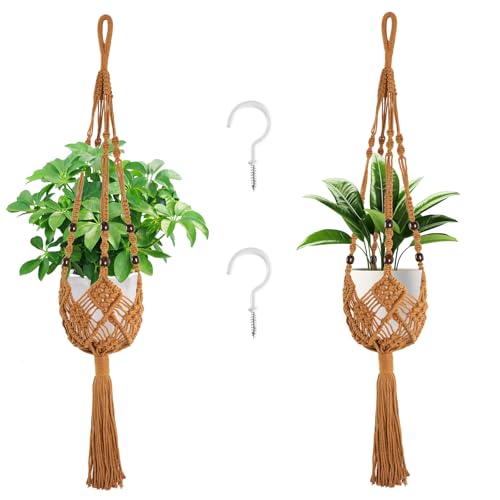 Augshy Jute Crochet Macrame Plant Hangers with Hooks, 2 Pack 35 Inch Natural Cotton Boho Indoor Outdoor Brown Planter Hanging Holder for Ceiling Balcony Porch Home Decor - color: Caramel, size: 35 Inches