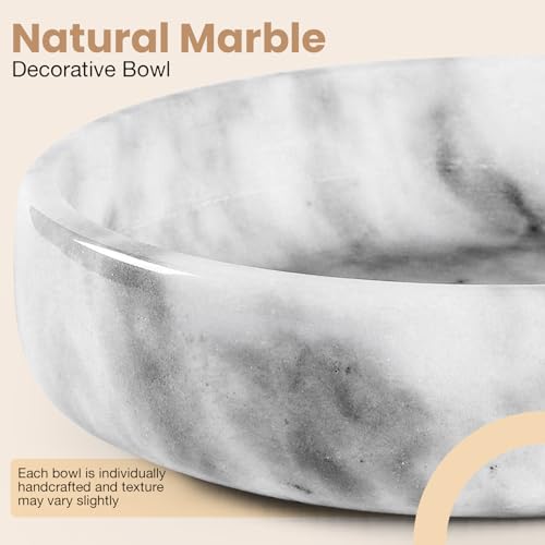 FNTSTICGOODS Marble Decorative Bowl - 7.5" White/Grey Solid Marble Centerpiece - Handmade Stone Fruit Bowl - Catch-All or Key Bowl for Kitchen - Modern Minimalist Decor - color: White / Grey - Marble