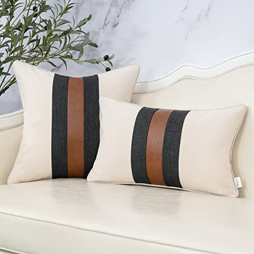 Yangest Patchwork Pillow Cover 18x18 Inch Luxury Cotton and Linen Cushion Cover Faux Leather Pillowcover for Couch Bedroom Living Room, White - color: L-white, size: 18" x 18" (Pack of 1)