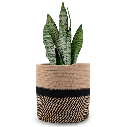 Woven Cotton Rope Plant Basket for 11" Flower Pot Floor Indoor Planters,Storage Organizer Basket Rustic Home Decor (11" x 11",Black and Brown Stripes) - color: Black Stripes, size: W 11"x H 11"