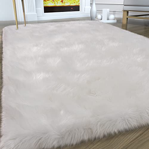 Fluffy Area Rug, White Faux Fur Rug for Bedroom 3'x5' Soft Shag Fuzzy Rugs for Living Room, Furry Bedside Nursery Rug Plush Indoor Floor Carpet for Kids Room Teen Dorm - color: White, size: 5' x 3' (Rectangular)