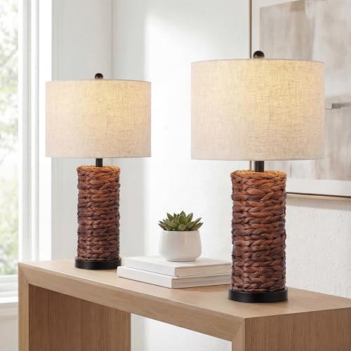 JONATHAN Y 25" Dark Brown Coastal Water Hyacinth Table Lamp Set of 2, Bedside Lamp with Light Grey Linen Shade, Boho Farmhouse Decor for Living Room Nightstand, LED Bulbs (JYL6502B-SET2) - color: Dark Brown