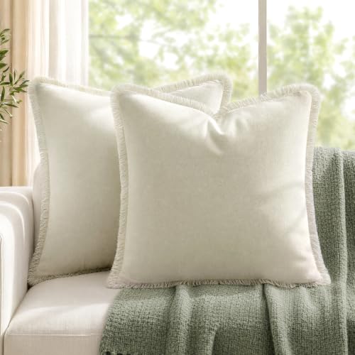 HOMEIDEAS Ivory Cream Velvet Throw Pillow Covers 24x24 Set of 2, Luxury Decorative Pillow Covers with Short Fringe Tassels, Modern Farmhouse Boho Cushion Covers for Sofa Couch Bed Neutral Home Decor - color: Cream, size: 24" x 24" (Pack of 2)