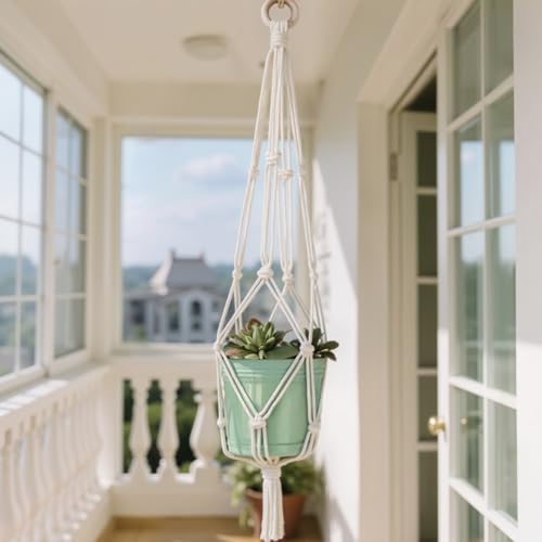 28 inch Plant Hanger Indoor Hanging Planter Basket with Wood Ring Decorative Flower Pot Holder No Tassels for Outdoor Boho Home Decor, Ivory Color, Set of 1