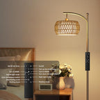 Ambimall Arc Floor Lamp for Living Room with Remote, Color Temperature & Brightness Adjustable, Bohemia Standing Lamp with Rattan & Fabric Double Drum Shades, Bulb Included(Brown) - color: Brown Bohemian
