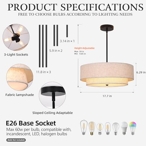Black Modern Chandelier 18'' Drum Pendant Light with Fabric Lampshade Hanging Light Fixture 3-Light Farmhouse Chandeliers for Dining Room Bedroom Kitchen Hallway Foyer - color: 18" Fabric Black