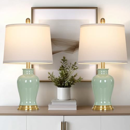 Ruzectt Green Ceramic Lamps Set of 2, 23" Modern Table Lamps for Living Room, Classic Bedside Lamp with Ginger Jar Design, Elegant Bedroom Lamp for Night Stand Desk Side End Table Home Decor - color: Green