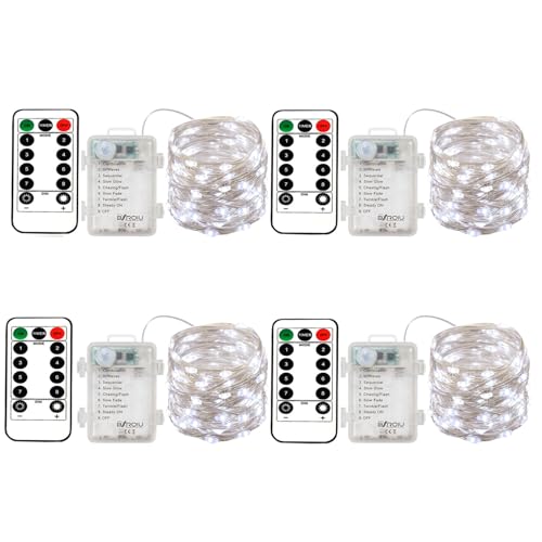 4 x Fairy Lights Battery Operated, Silver Wire Chains 8 Mode 5M 50 LEDs Timer String Lights with Remote Control for Bedroom Christmas Party Wedding Decoration - color: 4Pack(3AAA,not included)Cool White