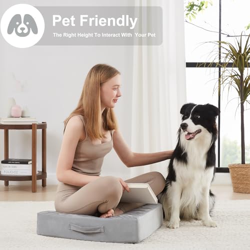 JKMAX 2 Pcs High Density Foam Floor Pillow - Upgraded Large Pillows Seating for Adults - Outdoor Floor Cushion with Soft Tufted Cover - Yoga Pillows for Sitting On Floor - 22 Inch Light Gray - color: Light Gray, size: 2 Counts