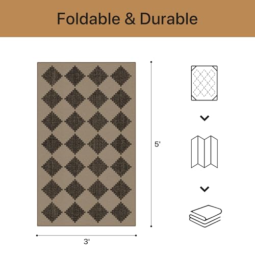 GENIMO Indoor Outdoor Area Rug 3'x5', Checkered Easy Jute Rug Machine Washable, Easy-Cleaning, Non Slip Geometric Outdoor Carpet for Patio, Living Room, Entryway, Backyard, Porch, Deck, Balcony - color: Zigzag Diamond, size: 3' x 5' (Rectangular)
