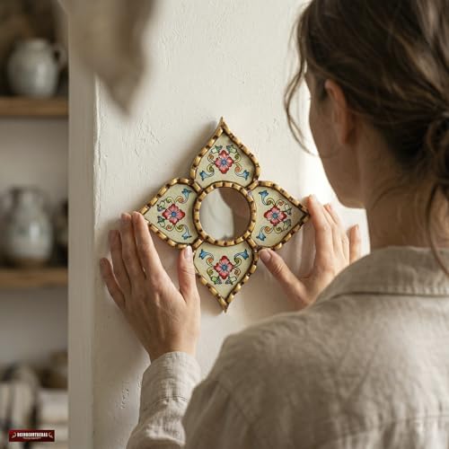 Peruvian Mirrors Diamond Shaped Painted Glass Bronze Beige | Small artisan mirror, luxury wall decor accents, unique wedding gifts, meticulously handcrafted by UNESCO awarded artist. - color: Beige