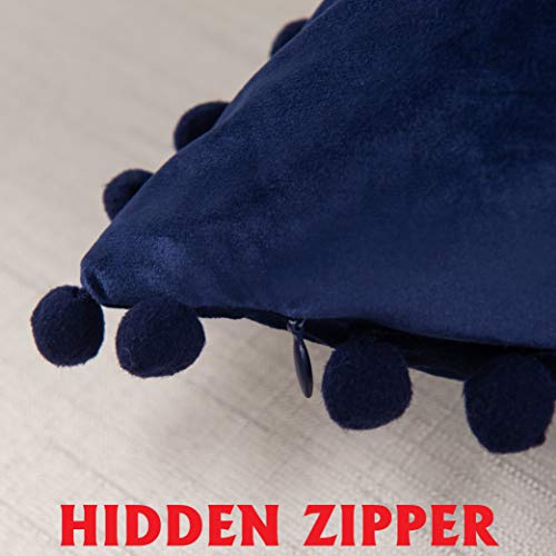Elegant Comfort POM-POMS Fringe Velvet Cushion Covers Set of 2, Velvet Soft Solid Decorative Square Throw Pillow Covers Set Cushion Case for Couch Bed, Livingroom 18 x 18 Inch (45 x 45 cm), Navy Blue - color: Navy Blue, size: 18" x 18" (Pack of 2)