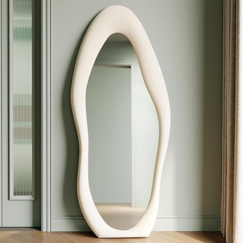 Honyee Full Length Mirror, 63" x 24" Wall Mirror, Flannel Wrapped Wooden Frame Full Body Mirror, Irregular Wavy Mirror Hanging or Leaning Against Wall for Cloakroom/Bedroom/Living Room, Ivory White - color: Ivory White, size: 63"L x 24"W