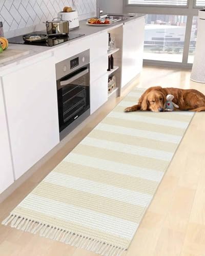 Simple Cream Stripes Kitchen Runner Rug 2'x4', Washable Woven Cotton Area Rug Bathroom Hallway Rug, Geometric Vertical Linens Modern Minimalism Entryway Bedroom Rug Non Slip Throw Rug Carpet - color: Cream, size: 2 x 4 ft