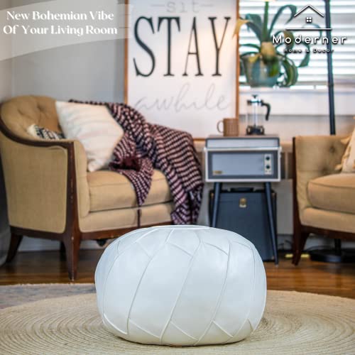 Moderner Faux Leather Pouf Unstuffed Ottoman Moroccan Footstool, Floor Footrest Cushion, Storage Solution - Natural Brown Color (White, Round) - color: White