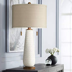 Possini Euro Design Kingston Mid Century Modern Table Lamp 32 3/4" Tall White Grooved Patterned Ceramic Taupe Drum Shade for Bedroom Living Room House Bedside Nightstand Home Office Entryway Family