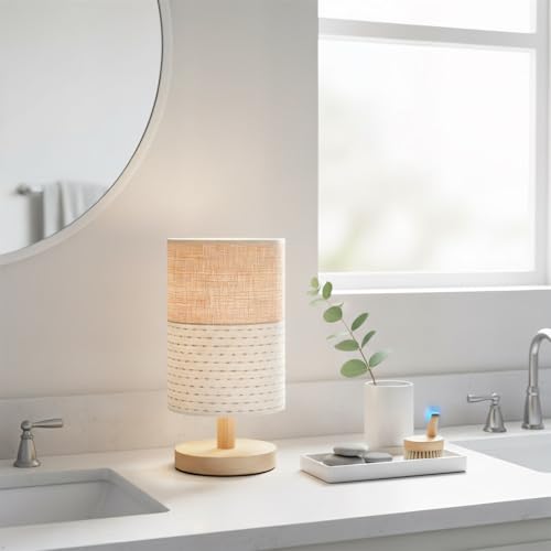 AFORTLO Table Desk Lamp, Small Fabric Boho Decorative Nightstand Night Light Solid Wood Base Lamp for Bedroom,Living Room,End Table or Office with Bulb (Brown Knit Fabric)