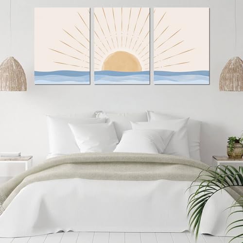 Boho Minimalist Wall Art Set of 3, Framed Canvas Prints - Geometric Line Sunrise Designs, Modern Neutral Wall Art for Living Room, Bedroom, Bathroom, Office, Hotel - size: 16x24Inchx3pcs-Framed