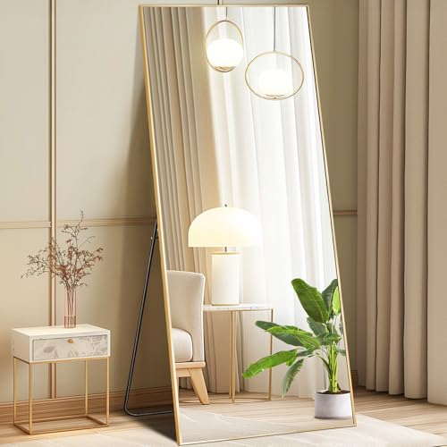 DUMOS 26"x68" Full Length Mirror with Stand, Floor Standing Aluminum Frame, Shatter-Proof Nano Glass for Bedroom, Living Room, Cloakroom – Modern Simple Home Decor,Can Be Hanging or Leaning, Gold - color: Gold-rect Edge, size: 68"L x 26"W