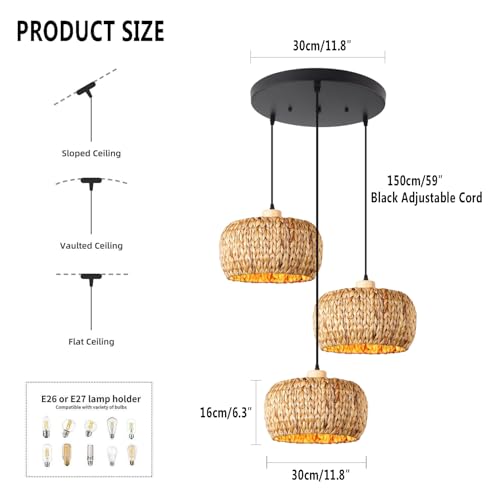 Natural Hand-Woven Basket Chandelier 3-Light Cluster Pendant Light Fixture Seagrass Rattan Shade Farmhouse E26 Base for Living Room Dining Room, Boho Light Fixtures - color: Basket Shade