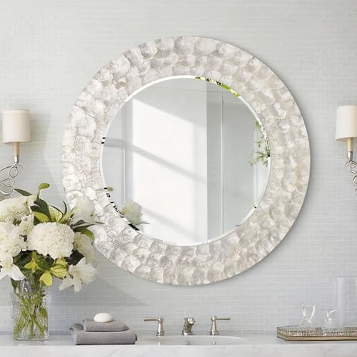 Capiz Shell Round Mirror, 30'' Coastal Mirror with Natural Capiz Seashell Frame, Decorative Circle Wall Mirrors for Living Room Mantel Bathroom Entryway - color: Cream-white, size: 30"L x 30"W