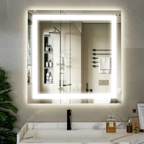XRAMFY 36"x 36"LED Bathroom Mirror, Backlit + Front Lit, LED Bathroom Mirror with Lights for Wall, 3 Colors, Anti-Fog, Dimmable Brightness, Tempered Glass - size: 36"L x 36"W